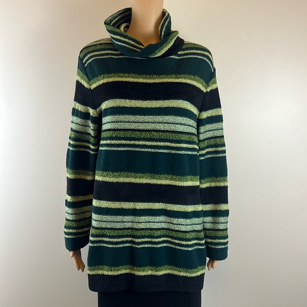St. John Green Striped Oversized Cowl Neck Tunic Sweater